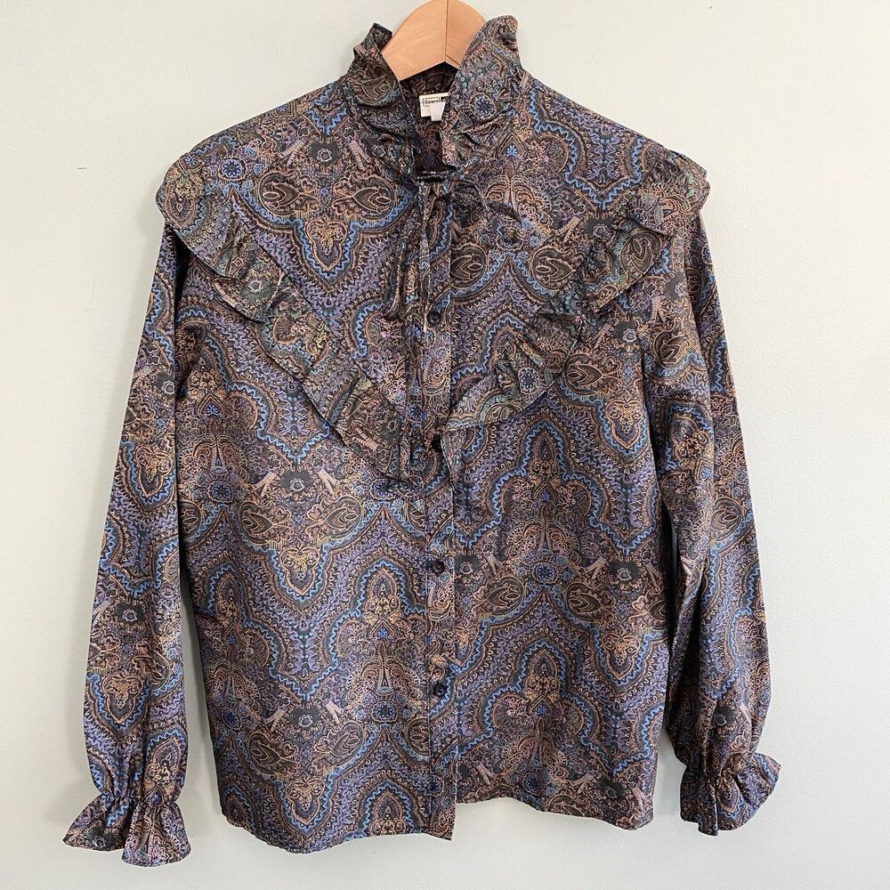 Sears Fashion Place Vintage Ruffle Blouse Womens 16 Paisley Button Up Whimsigoth